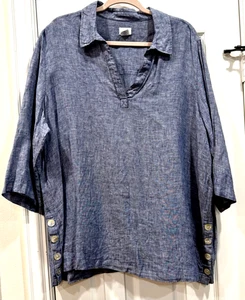 Sigrid Olsen Chambray Popover Tunika 100 % Leinen seitlich geknöpft V-Ausschnitt Übergröße 1X - Bild 1 von 5