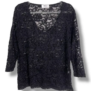 Mela Purdie Black Lace Top Women’s Size AU 14 Floral Sheer Long Sleeve Blouse - Foto 1 di 9