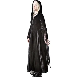 BNWT Gothic Killstar Black Velvet & Lace Dark Decent Hooded Duster Size S 8-10 - Picture 1 of 14