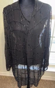 NWT JMD Signature Sheer Black Beaded Top 2X Long Sleeve Open Front Blouse - Picture 1 of 7