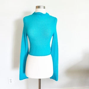 NWT Zara Shirt Womens S Teal Blue Crochet Crop Mock Neck Long Sleeve Open Knit - Picture 1 of 10