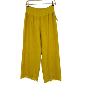 Anthropologie Wide Leg Linen Cropped Pants Women L Yellow Pom Pom Trim Pull On - Picture 1 of 12