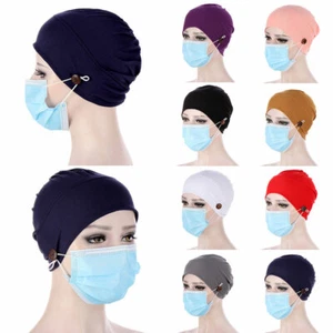 Solid Turban Bonnet Hat Chemo Cap Hair Loss Headscarf Buttons Head Wrap Cover § - Picture 1 of 20