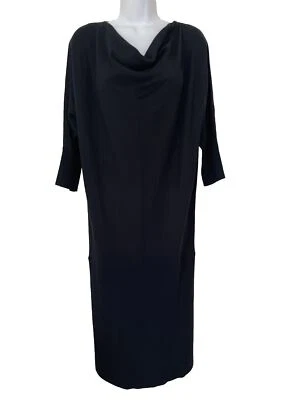 W by WORTH Size P DRESS Dolman Elbow Sleeve Black Draped Neck Midi Back Buttons - Image 1 of 4