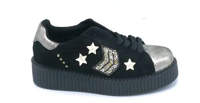 Ovye Patty  sneakers lacci zeppa in camoscio nero con accessori oro - Immagine 1 di 4