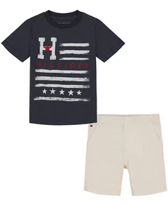 TOMMY HILFIGER Toddler Boys Logo Flag T-shirt and Twill Shorts $55 Size : 4T - Picture 1 of 10