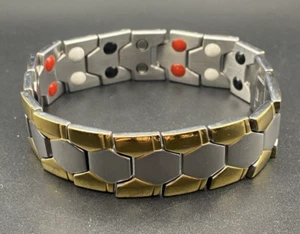 Men Gold Silver Tone Stainless Steel Magnetic Link Bracelet 8.5" 18 mm LOOK READ - Imagen 1 de 8
