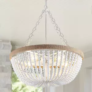 5 Lights White Bohemia Wood Beaded Chandelier, Farmhouse Boho Chandelier Light F - Picture 1 of 9