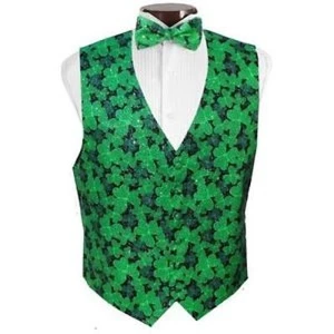Irish Silver Sparkle Shamrocks Tuxedo Vest and Bowtie - Picture 1 of 7