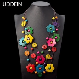 Flower Wood Tassel Multi Layer Bohemian Necklace Women Jewelry Statement Collar - Picture 1 of 17