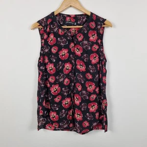 Peter Morrissey Sleevless Shirt, Size 12 Black Red Floral, Button Top, Corporate - Picture 1 of 13