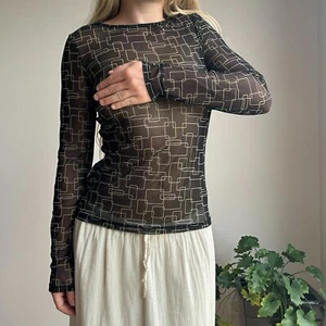 Mexx Women’s XS Black Mesh Longsleeve Green & White Geometric You Pattern Top - Picture 1 of 3