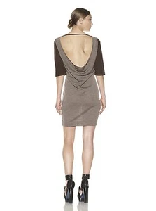 NUEVO CON ETIQUETAS $900 CoSTUME NATIONAL lana cuero prendas de punto vestido túnica espalda abierta L 8 marrón - Imagen 1 de 3