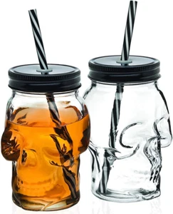 Skull Mason Jar Mug Glass Tumbler Cup with Cover and Straw - 16Oz, Set of 2 - Picture 1 of 12
