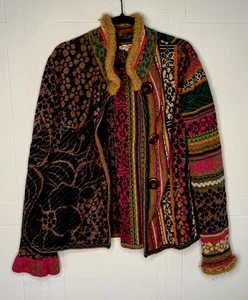 IVKO Knit Multicolor Button Cardigan Faux Fur Trimmed Wool Blend Size 42 - Picture 1 of 12