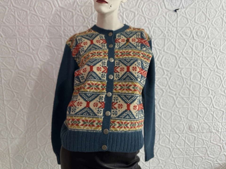 Cárdigan de lana noruego vintage de mediados de siglo-tejido-pesado-invierno-Husfliden-azul-M Foto 1 de 4