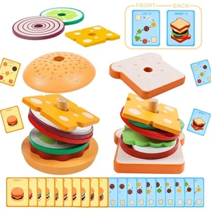 Montessori Toys for 2 3 Year Old Wooden Burger Sandwich Stacking Toys for Tod... - Picture 1 of 8