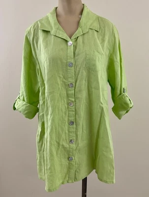 Top túnica HABITAT WEAR TO LIVE IN talla pequeña verde lima 100 % lino botón delantero Foto 1 de 4