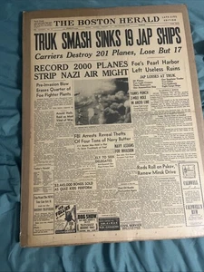 Original 21 de febrero de 1944 The Boston Herald Turk Smash Sinks 19 barcos japoneses Segunda Guerra Mundial - Imagen 1 de 3