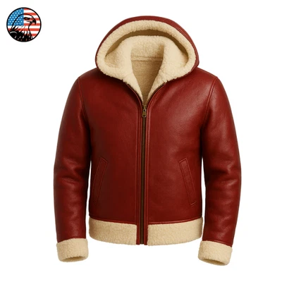 Men's Red Shearling Hooded Real Leather Jacket Christmas Winter Biker Warm Coat - Image 1 of 4