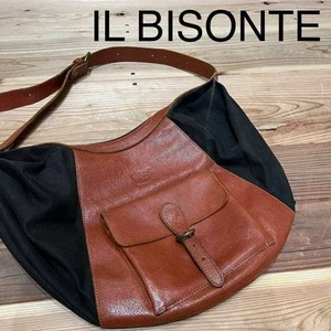 IL BISONTE Shoulder Bag Half Moon Leather Canvas Women's Fashion Used From Japan - Picture 1 of 11