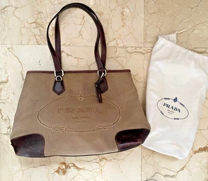 PRADA Canvas Leather Tote Bag Auth Brown Medium Women Italy - Imagen 1 de 24
