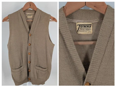 Colete suéter de malha vintage anos 50 e 60 marrom Rockabilly 38 EUA botão para cima - Imagem 1 de 4