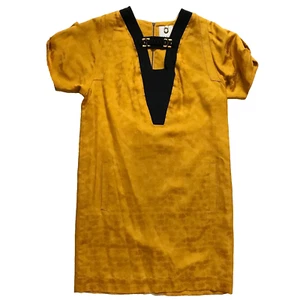 Maison MAYLE Mini Shift Dress Womens 2 Yellow Black Short Sleeve Silk Cut Out - Picture 1 of 12
