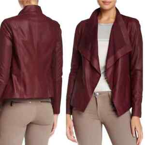 Vince Women's Goat Leather Draped Open Front Jacket Burgundy Size XS