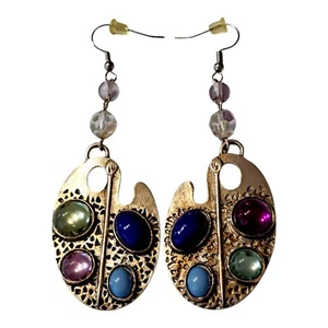 Painter's Pallette Dangle Drop Earrings Green Blue Purple Silver Tone - Picture 1 of 11