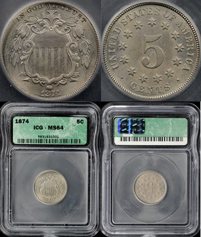 1874 5c Shield Nickel ICG MS 64 Cover