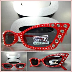 Classy Retro 60s Cat Eye Style SUN GLASSES Red Frame Sparkling Bling Rhinestones - Picture 1 of 7