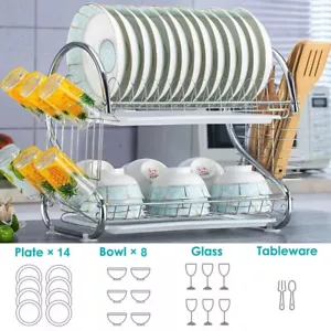 2 tier Dish Drying Rack Drainer Cup Plate Holder Cutlery Tray Kitchen Organizer - Picture 1 of 13