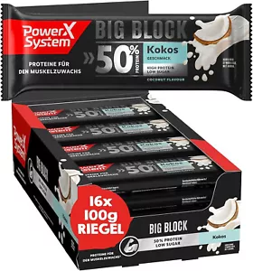 Protein Riegel Big Block Kokos 16 x 100g 50 g Eiweiß Muskelaufbau Low Sugar - Bild 1 von 6