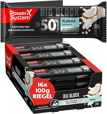 POWER SYSTEM Protein Riegel Big Block Kokos 16 x 100g 50 g Eiweiß Muskelaufbau Low Sugar