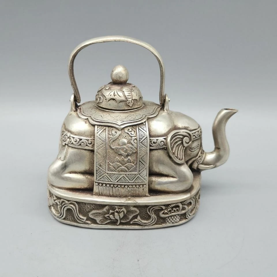 Tetera grande coleccionable decoración antigua artesanía Tíbet plata talla flor elefante Foto 1 de 1