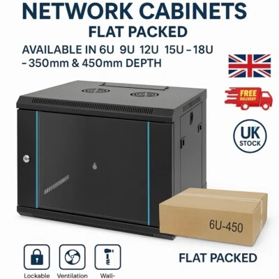 Network Data Cabinet Wall Mount 6U 9U 12U 15U 18U Flat Pack Rack Enclosure - Image 1 of 4