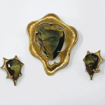 Broche y pendientes de clip Corocraft BSK tono dorado vidrio sandía Foto 1 de 4