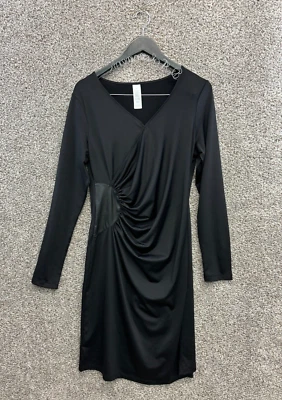 Vestido drapeado negro manga larga pequeño negro imitación envoltura elástico para mujer L Foto 1 de 4