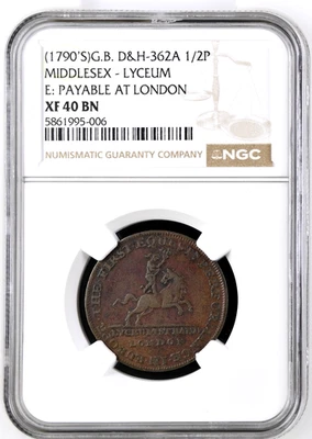 1790'S Great Britain 1/2 Penny Middlesex Lyceum Copper D&H-362A NGC XF 40 BN - Image 1 of 4