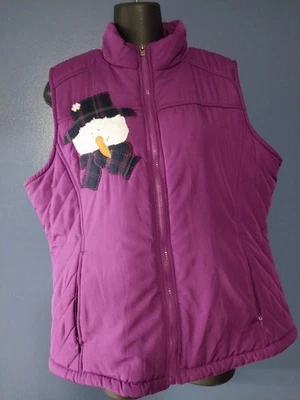 Izod Womens Size L Large Fleece Lined Purpl Puffy Zip Front Vest Pockets Snowman - Image 1 of 4