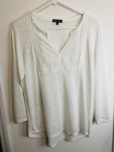 Democracy Women's White Eyelet Front Peasant Top Boho Tunic Top Rayon Blend Sz L - Picture 1 of 9