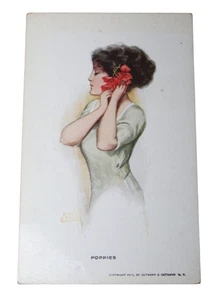 Cartolina Bella Signora con papaveri in pelo 1911 cartolina Gutmann & Gutmann - Foto 1 di 2