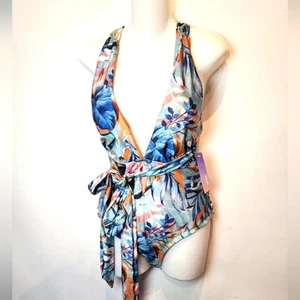 New Tropical One Piece Swimsuit Plunge Neck Tie Waist 576 Hawaiian Style M - Picture 1 of 7