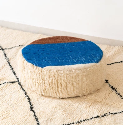 20x20 Moroccan Handmade Pouf Berber Kilim Rug White and blue Floor Cushion - Image 1 of 4