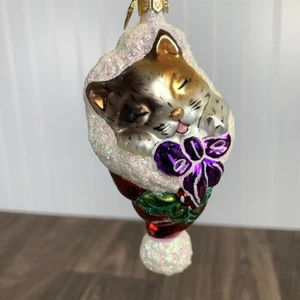 Vintage 1999 Christopher Radko SNUGGLE PUSS Christmas Ornament Cat in Santa Hat - Picture 1 of 5