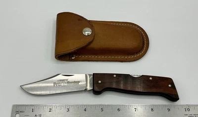Vtg Imperial USA Pro Hunter Knife Locking Wood Handle Original Leather Sheath - Image 1 of 4