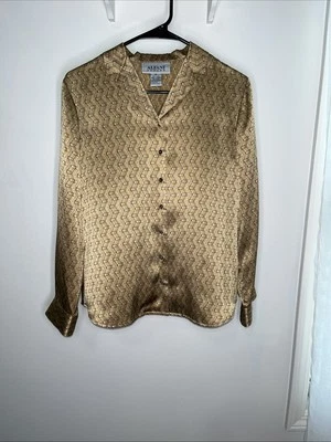 Alfani Women's Long Sleeve Blouse Geometric Print Black On Gold  8P 100% Silk - Image 1 of 4