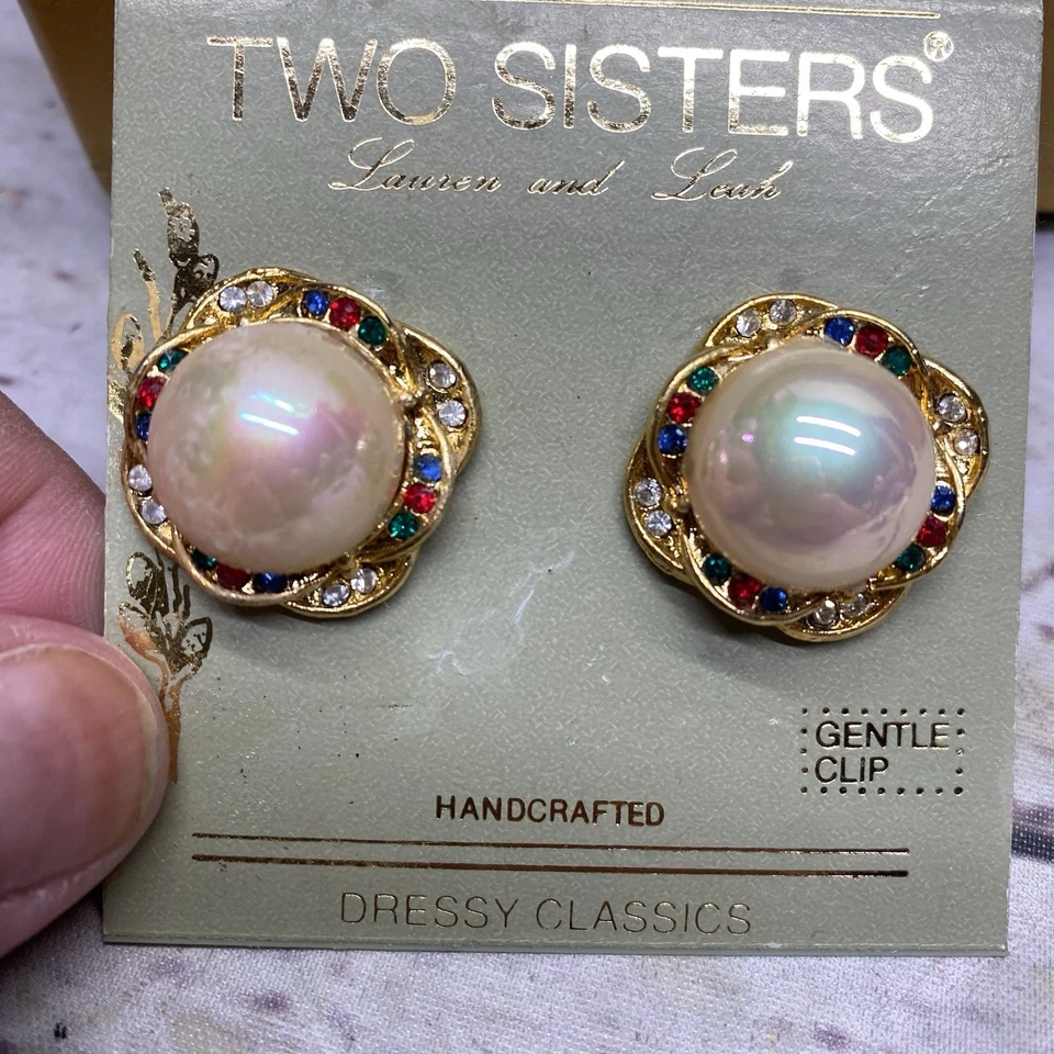 Vintage Two Sisters Clip On  Earrings Gilt Gold Tone Faux Pearl Rhinestones - Image 1 of 1