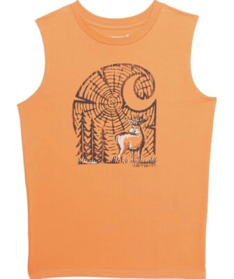 Camiseta regata Carhartt Little Boys tamanho 5 grão de madeira veado sem mangas laranja nova com etiquetas - Imagem 1 de 4